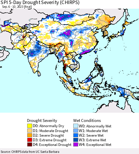 Asia SPI 5-Day Drought Severity (CHIRPS) Thematic Map For 9/6/2023 - 9/10/2023