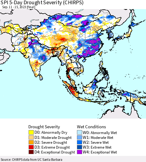 Asia SPI 5-Day Drought Severity (CHIRPS) Thematic Map For 9/11/2023 - 9/15/2023