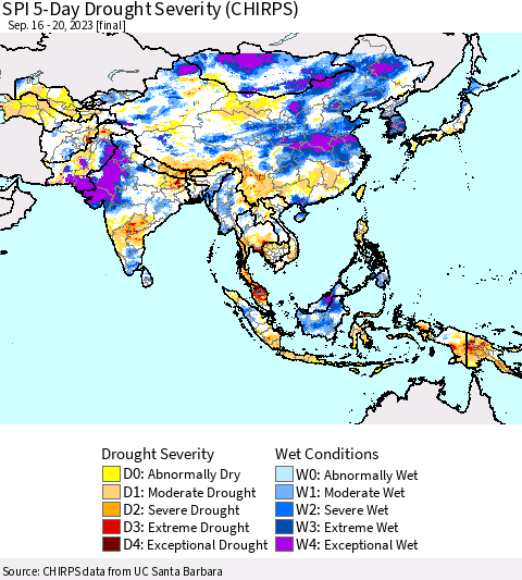 Asia SPI 5-Day Drought Severity (CHIRPS) Thematic Map For 9/16/2023 - 9/20/2023