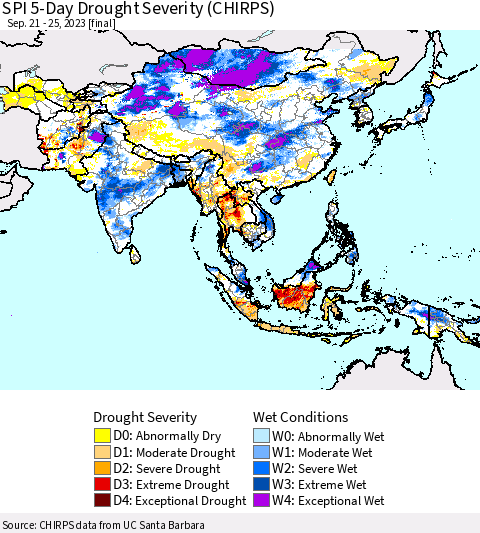 Asia SPI 5-Day Drought Severity (CHIRPS) Thematic Map For 9/21/2023 - 9/25/2023