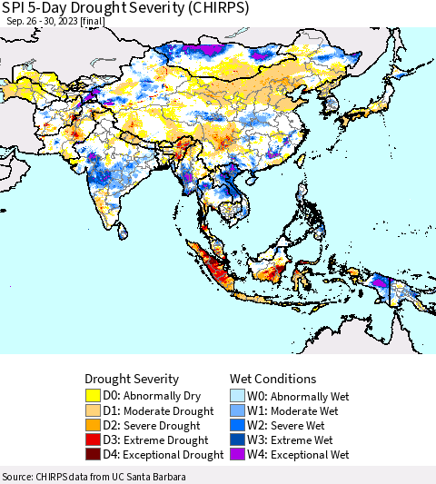 Asia SPI 5-Day Drought Severity (CHIRPS) Thematic Map For 9/26/2023 - 9/30/2023