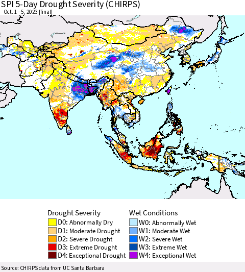 Asia SPI 5-Day Drought Severity (CHIRPS) Thematic Map For 10/1/2023 - 10/5/2023
