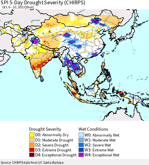 Asia SPI 5-Day Drought Severity (CHIRPS) Thematic Map For 10/6/2023 - 10/10/2023