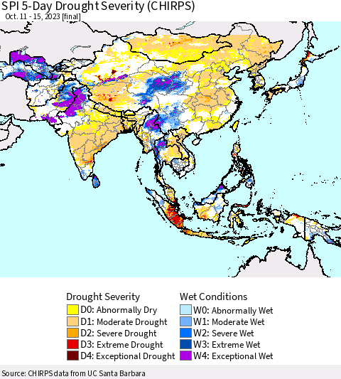 Asia SPI 5-Day Drought Severity (CHIRPS) Thematic Map For 10/11/2023 - 10/15/2023