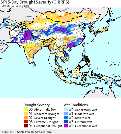 Asia SPI 5-Day Drought Severity (CHIRPS) Thematic Map For 10/16/2023 - 10/20/2023