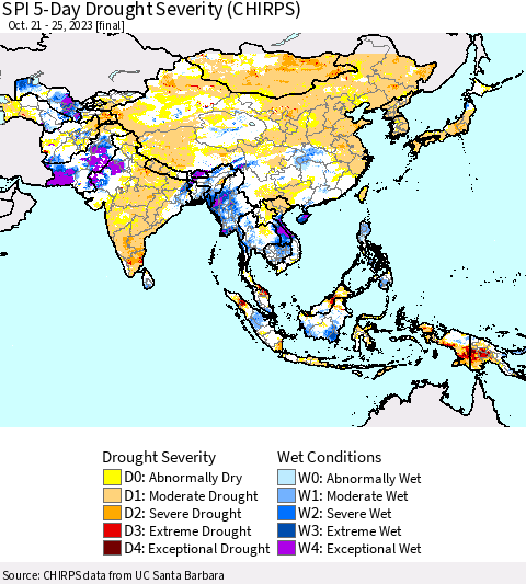 Asia SPI 5-Day Drought Severity (CHIRPS) Thematic Map For 10/21/2023 - 10/25/2023