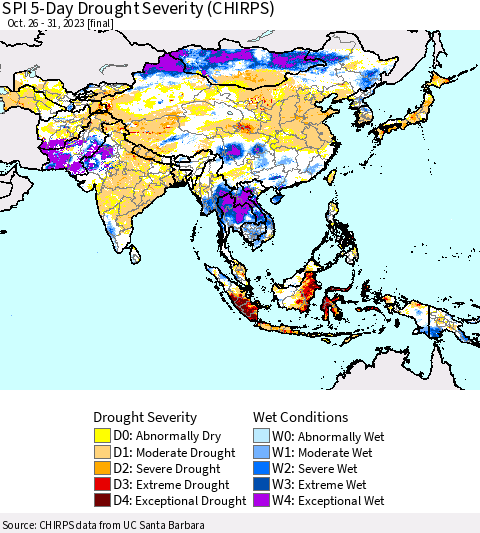 Asia SPI 5-Day Drought Severity (CHIRPS) Thematic Map For 10/26/2023 - 10/31/2023