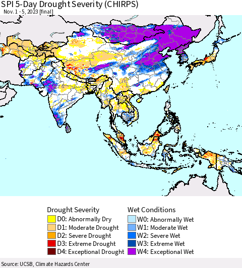 Asia SPI 5-Day Drought Severity (CHIRPS) Thematic Map For 11/1/2023 - 11/5/2023