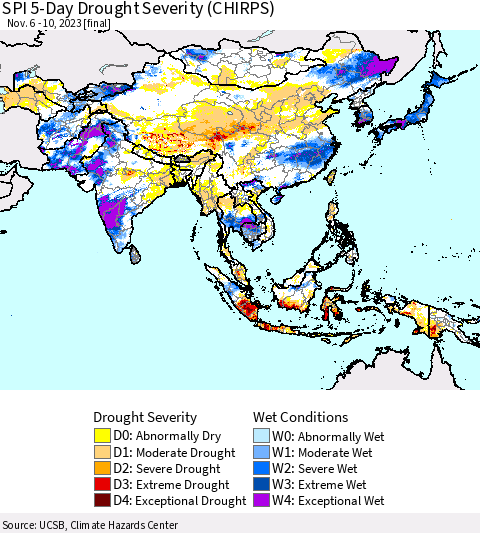 Asia SPI 5-Day Drought Severity (CHIRPS) Thematic Map For 11/6/2023 - 11/10/2023