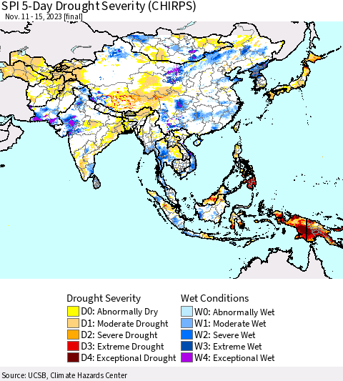 Asia SPI 5-Day Drought Severity (CHIRPS) Thematic Map For 11/11/2023 - 11/15/2023