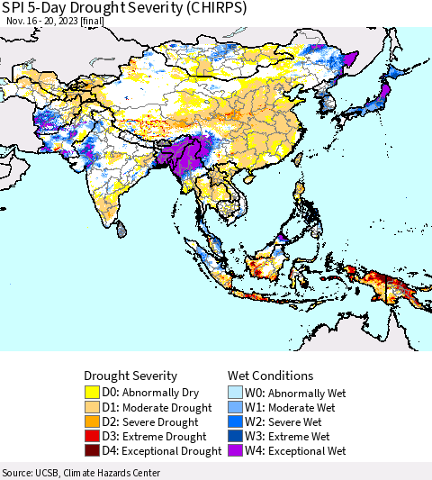 Asia SPI 5-Day Drought Severity (CHIRPS) Thematic Map For 11/16/2023 - 11/20/2023