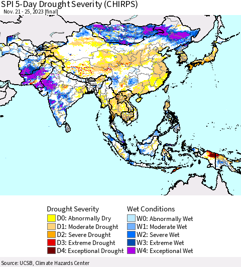 Asia SPI 5-Day Drought Severity (CHIRPS) Thematic Map For 11/21/2023 - 11/25/2023