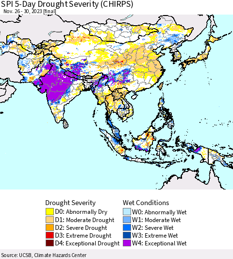 Asia SPI 5-Day Drought Severity (CHIRPS) Thematic Map For 11/26/2023 - 11/30/2023