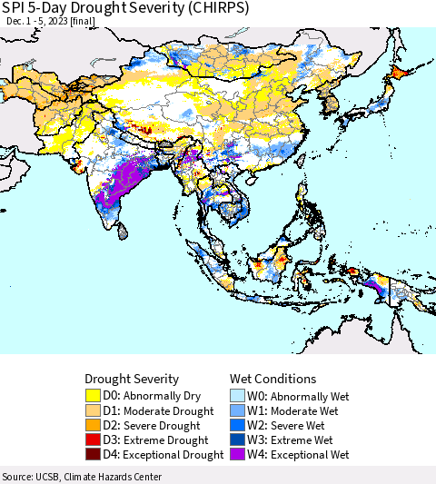 Asia SPI 5-Day Drought Severity (CHIRPS) Thematic Map For 12/1/2023 - 12/5/2023
