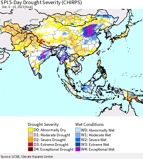 Asia SPI 5-Day Drought Severity (CHIRPS) Thematic Map For 12/6/2023 - 12/10/2023