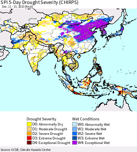 Asia SPI 5-Day Drought Severity (CHIRPS) Thematic Map For 12/11/2023 - 12/15/2023