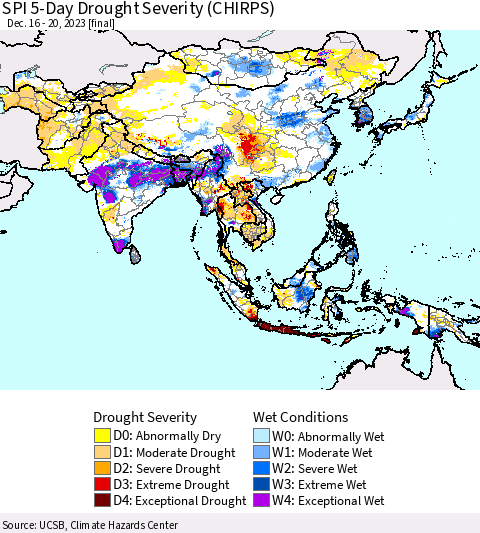 Asia SPI 5-Day Drought Severity (CHIRPS) Thematic Map For 12/16/2023 - 12/20/2023
