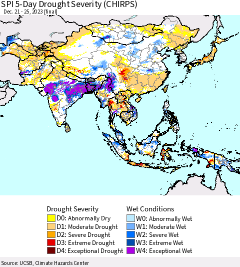 Asia SPI 5-Day Drought Severity (CHIRPS) Thematic Map For 12/21/2023 - 12/25/2023