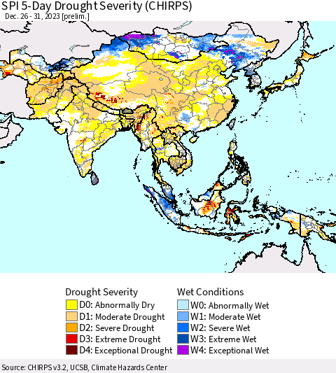 Asia SPI 5-Day Drought Severity (CHIRPS) Thematic Map For 12/26/2023 - 12/31/2023