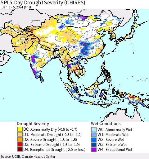 Asia SPI 5-Day Drought Severity (CHIRPS) Thematic Map For 1/1/2024 - 1/5/2024