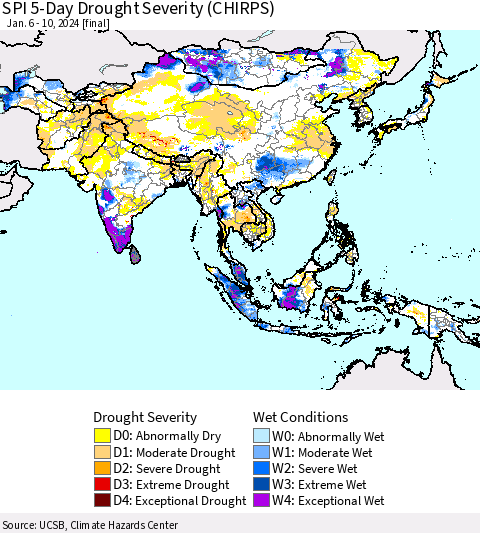 Asia SPI 5-Day Drought Severity (CHIRPS) Thematic Map For 1/6/2024 - 1/10/2024