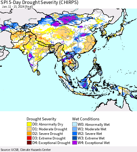 Asia SPI 5-Day Drought Severity (CHIRPS) Thematic Map For 1/11/2024 - 1/15/2024