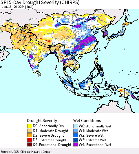 Asia SPI 5-Day Drought Severity (CHIRPS) Thematic Map For 1/16/2024 - 1/20/2024