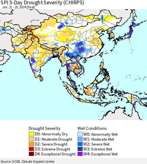 Asia SPI 5-Day Drought Severity (CHIRPS) Thematic Map For 1/21/2024 - 1/25/2024