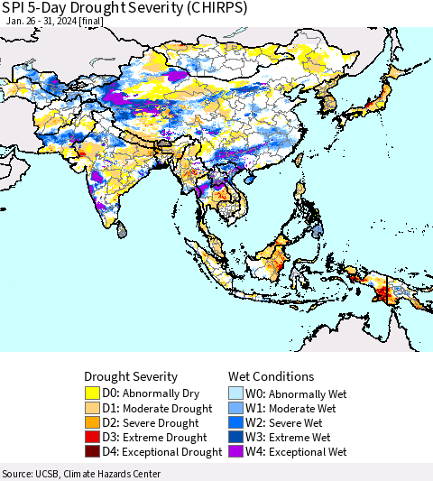 Asia SPI 5-Day Drought Severity (CHIRPS) Thematic Map For 1/26/2024 - 1/31/2024