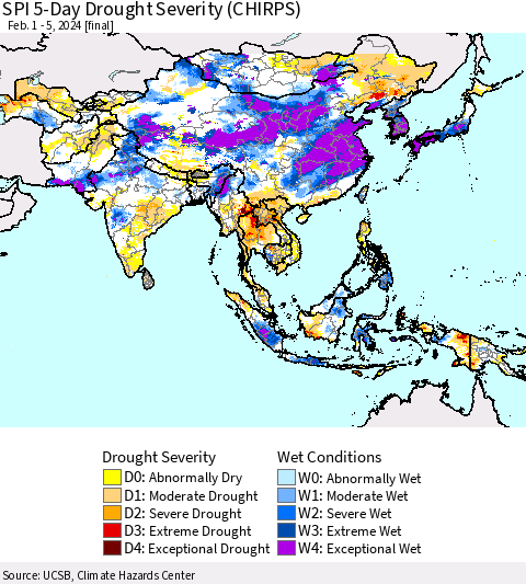 Asia SPI 5-Day Drought Severity (CHIRPS) Thematic Map For 2/1/2024 - 2/5/2024