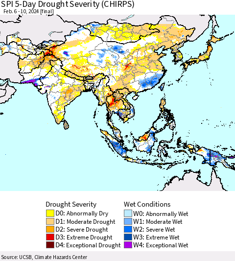 Asia SPI 5-Day Drought Severity (CHIRPS) Thematic Map For 2/6/2024 - 2/10/2024