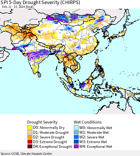 Asia SPI 5-Day Drought Severity (CHIRPS) Thematic Map For 2/11/2024 - 2/15/2024