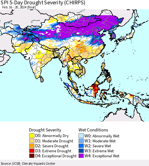 Asia SPI 5-Day Drought Severity (CHIRPS) Thematic Map For 2/16/2024 - 2/20/2024