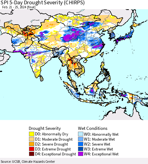 Asia SPI 5-Day Drought Severity (CHIRPS) Thematic Map For 2/21/2024 - 2/25/2024