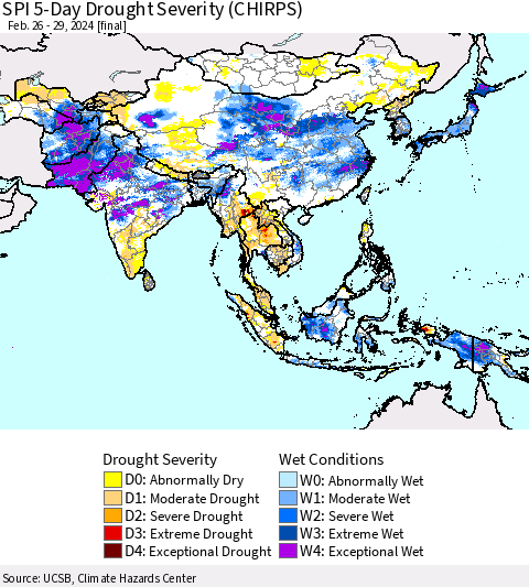Asia SPI 5-Day Drought Severity (CHIRPS) Thematic Map For 2/26/2024 - 2/29/2024