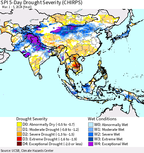Asia SPI 5-Day Drought Severity (CHIRPS) Thematic Map For 3/1/2024 - 3/5/2024