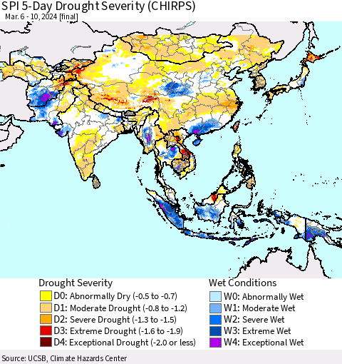 Asia SPI 5-Day Drought Severity (CHIRPS) Thematic Map For 3/6/2024 - 3/10/2024