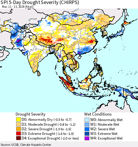 Asia SPI 5-Day Drought Severity (CHIRPS) Thematic Map For 3/11/2024 - 3/15/2024