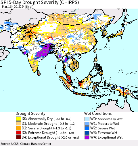 Asia SPI 5-Day Drought Severity (CHIRPS) Thematic Map For 3/16/2024 - 3/20/2024