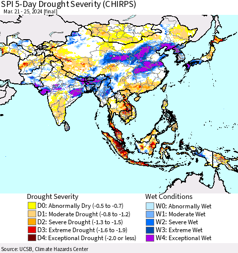 Asia SPI 5-Day Drought Severity (CHIRPS) Thematic Map For 3/21/2024 - 3/25/2024