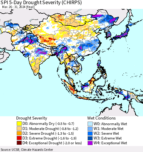 Asia SPI 5-Day Drought Severity (CHIRPS) Thematic Map For 3/26/2024 - 3/31/2024