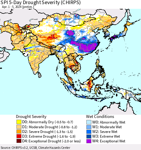 Asia SPI 5-Day Drought Severity (CHIRPS) Thematic Map For 4/1/2024 - 4/5/2024
