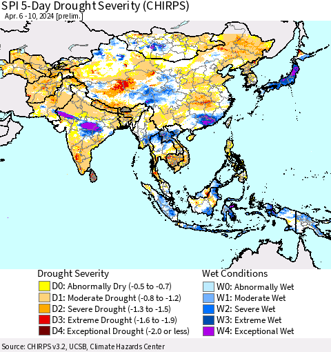 Asia SPI 5-Day Drought Severity (CHIRPS) Thematic Map For 4/6/2024 - 4/10/2024