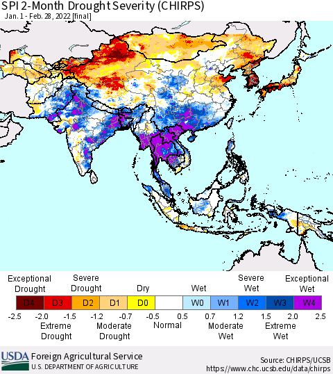 Asia SPI 2-Month Drought Severity (CHIRPS) Thematic Map For 1/1/2022 - 2/28/2022