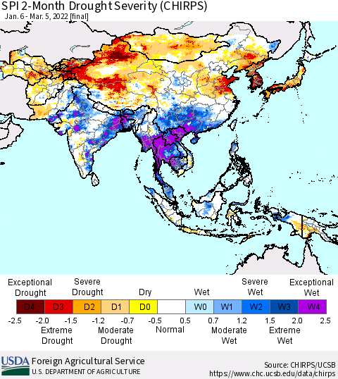Asia SPI 2-Month Drought Severity (CHIRPS) Thematic Map For 1/6/2022 - 3/5/2022
