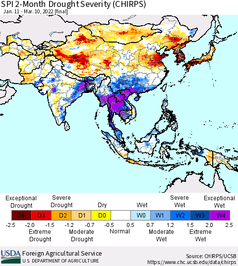 Asia SPI 2-Month Drought Severity (CHIRPS) Thematic Map For 1/11/2022 - 3/10/2022