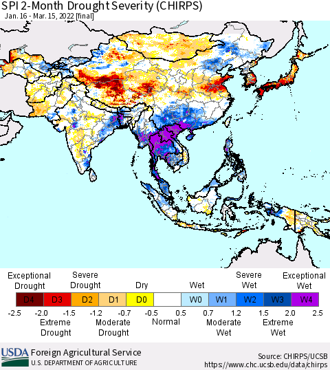 Asia SPI 2-Month Drought Severity (CHIRPS) Thematic Map For 1/16/2022 - 3/15/2022