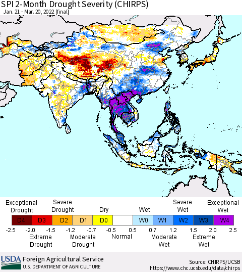 Asia SPI 2-Month Drought Severity (CHIRPS) Thematic Map For 1/21/2022 - 3/20/2022
