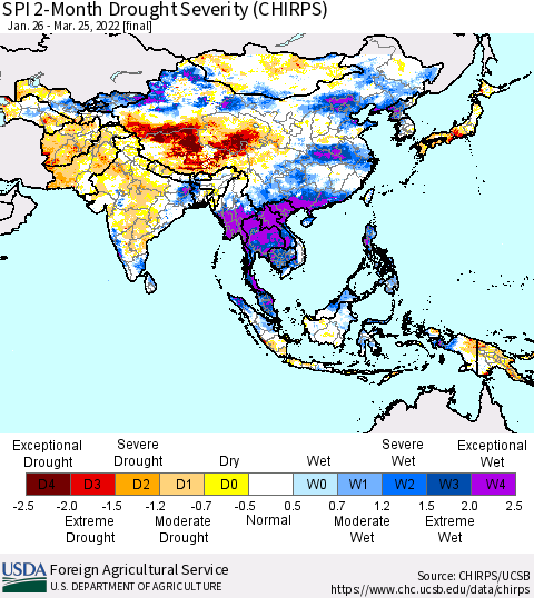 Asia SPI 2-Month Drought Severity (CHIRPS) Thematic Map For 1/26/2022 - 3/25/2022