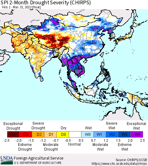 Asia SPI 2-Month Drought Severity (CHIRPS) Thematic Map For 2/1/2022 - 3/31/2022